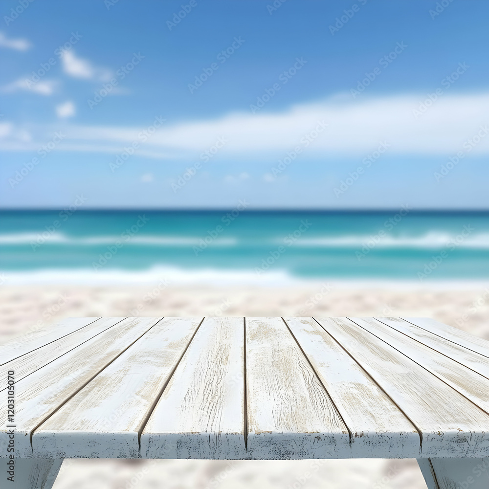 White Wooden Table Beach Background 3D White Wooden Table Beach Background 3D