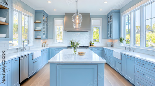 Bright and airy kitchen with blue cabinetry and ample counter space.