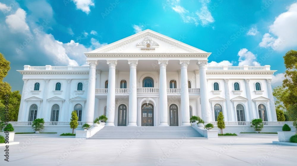Fototapeta premium Elegant White Mansion with Columns and Beautiful Sky Background