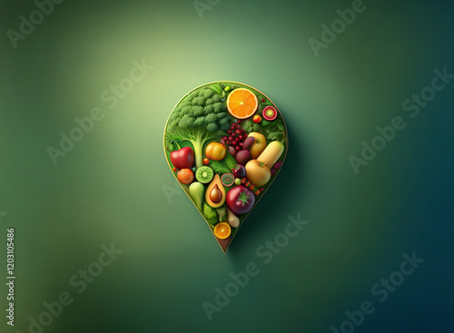 A vibrant leaf-shaped map marker overflowing with fresh fruits and vegetables.  A healthy and delicious location indicator. photo