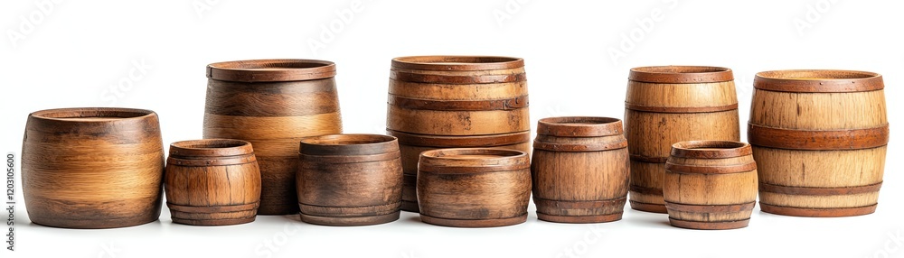 Assorted wooden barrels in various sizes on a white isolated background. Assorted wooden barrels in various sizes on a white isolated background.