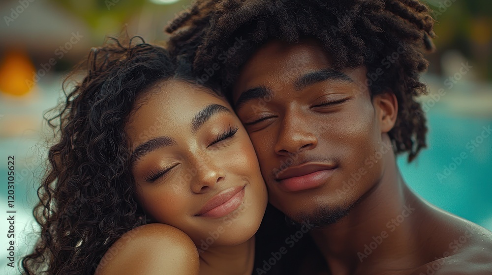 Two people with eyes closed embrace by pool with plants, used for love ad Two people with eyes closed embrace by pool with plants, used for love ad