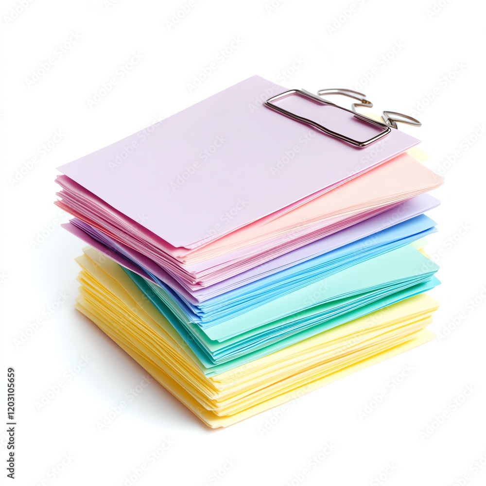 Colorful stack of paper sheets with a clip, white isolate background Colorful stack of paper sheets with a clip, white isolate background