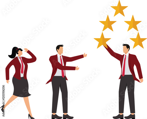 Evaluation, employee appraisal, rating or feedback, stars quality or excellent job, assessment or year end review, giving rating or performance review concept, businessman manager give 5 stars rating