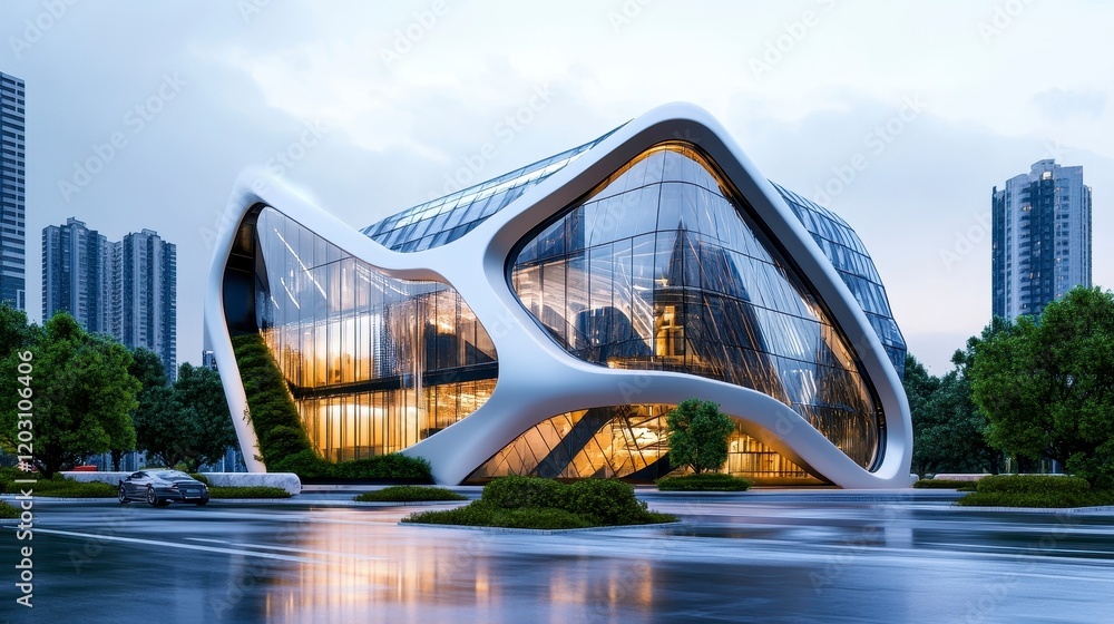 Obraz premium Modern Architectural Structure with Curved Design and Glass Facade