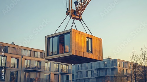 Architectural photography crane lifts prefab home at construction site