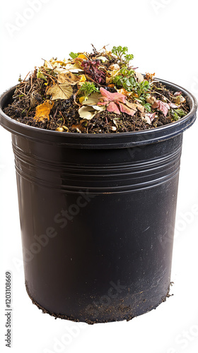 A black compost bin filled with colorful organic waste, ideal for composting and sustainable gardening practices. photo