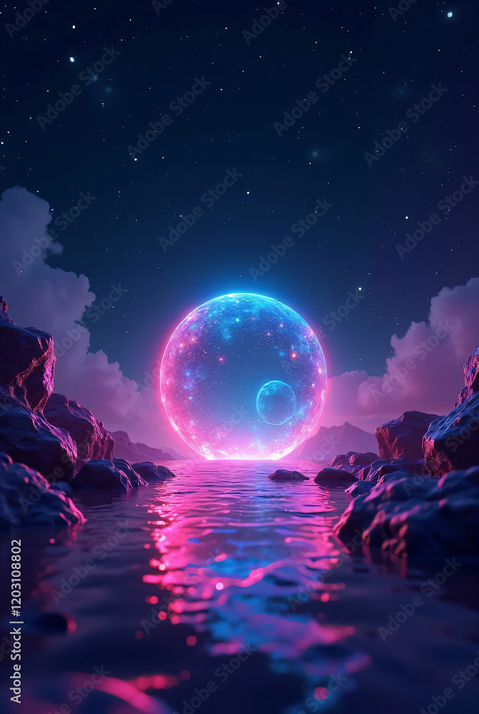 Fototapeta premium Amazing mystical around rocks with gradient shiny moon light wallpaper with spark light and clouds.