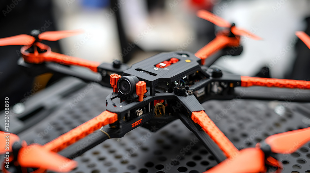 Orange drone, close-up, event, blurry background, aerial photography Orange drone, close-up, event, blurry background, aerial photography