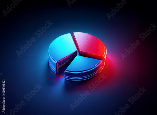 A 3D rendered pie chart, segmented into three parts, glows with vibrant red and blue hues against a dark background.  The segments are separated and have a metallic appearance. photo