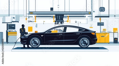A technician performing maintenance on a sleek electric vehicle in a modern workshop environment