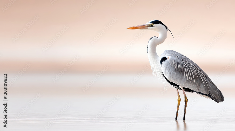 Graceful heron standing still on soft pink backdrop, showcasing elegance Graceful heron standing still on soft pink backdrop, showcasing elegance