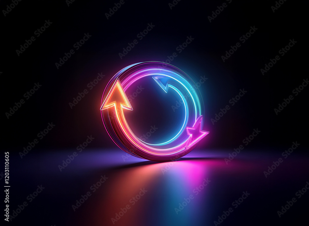 Obraz premium Glowing neon arrows form a circular refresh symbol against a dark background. The vibrant colors create a futuristic, dynamic feel.