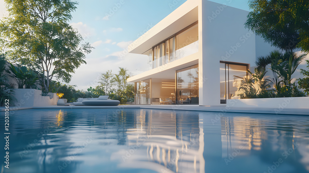 Modern house with a pool and striking architectural design elements. Modern house with a pool and striking architectural design elements.