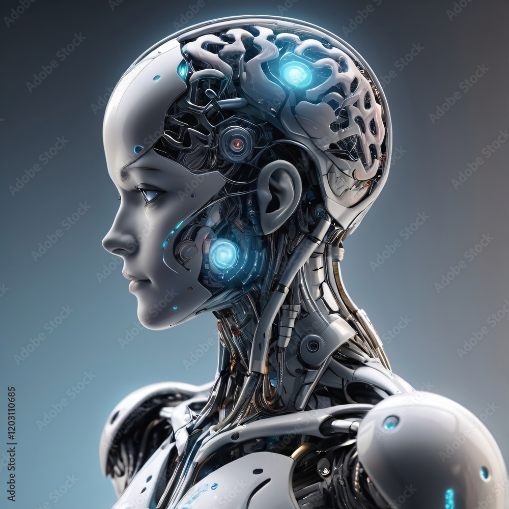 Futuristic Cyborg Woman AI Robot Head Artificial Intelligence Futuristic Cyborg Woman AI Robot Head Artificial Intelligence
