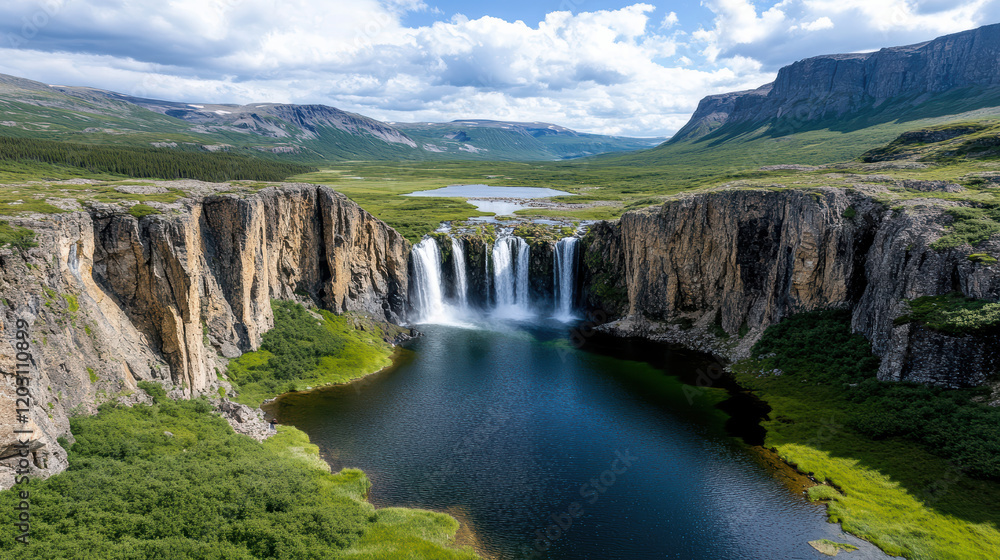 Majestic waterfalls cascading down rocky cliffs in serene landscape Majestic waterfalls cascading down rocky cliffs in serene landscape