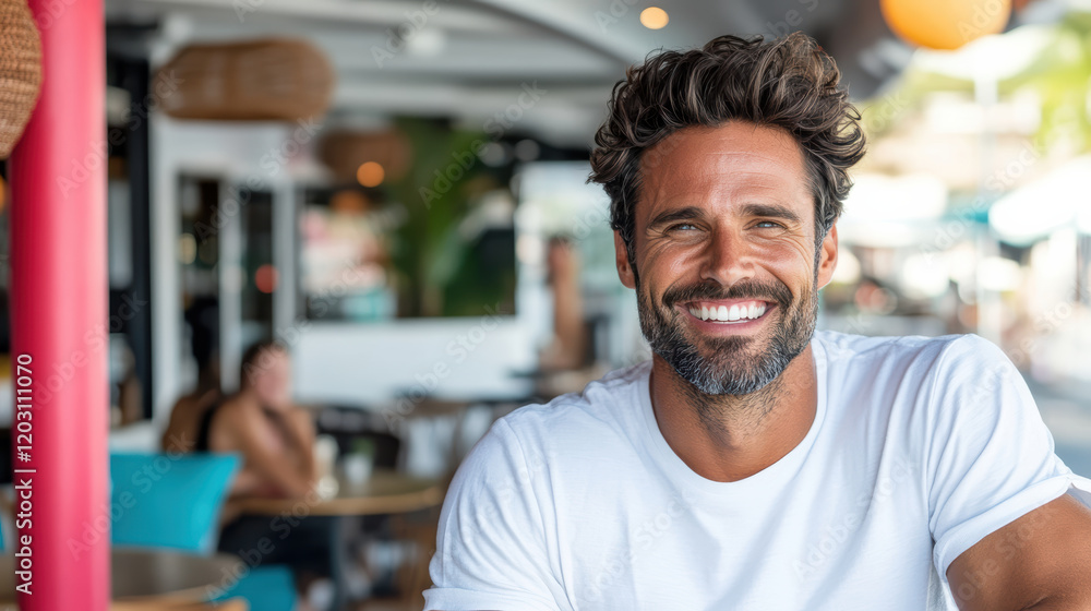 Fototapeta premium Man smiling in casual setting, enjoying joyful moment with friends