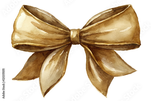 Elegant watercolor bow, soft golden hues, decorative ribbon, gift wrapping, artistic design, festive elements.