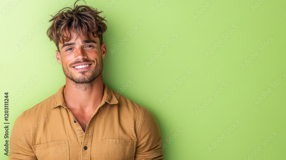 Obraz premium man smiling against bright green background, wearing casual shirt