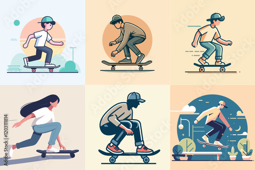 illustration set of people playing skateboard