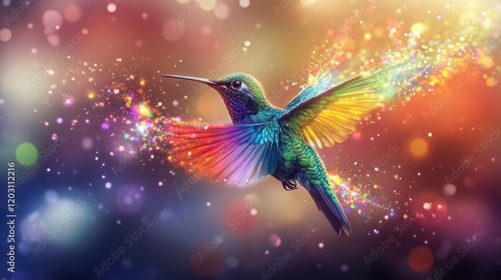 A vibrant, digitally rendered hummingbird is depicted mid-flight against a dark background A vibrant, digitally rendered hummingbird is depicted mid-flight against a dark background