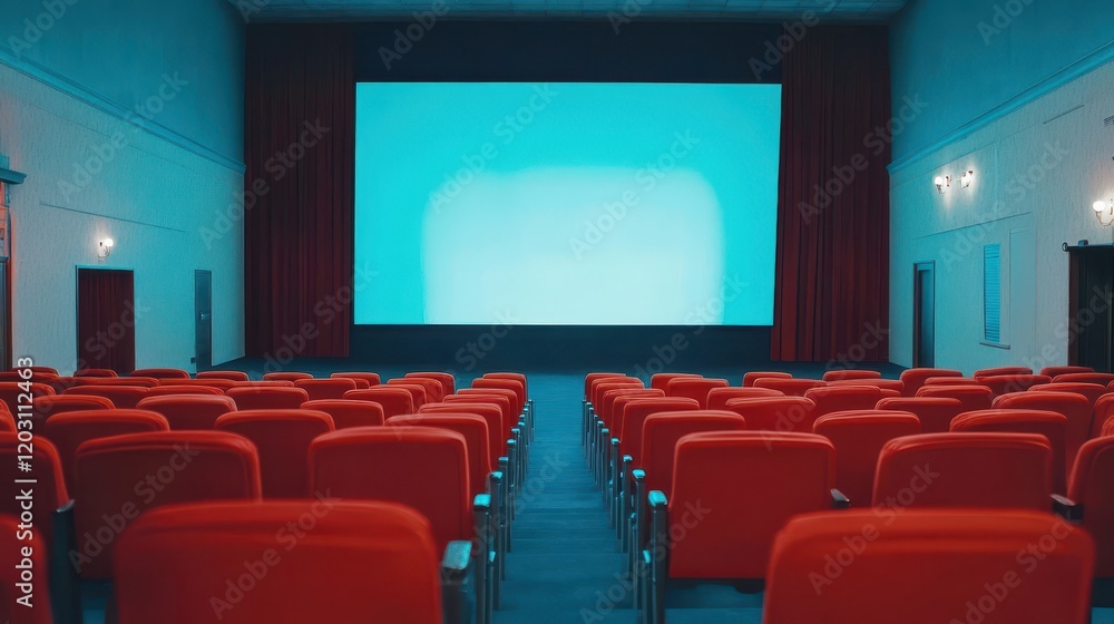 People in the cinema auditorium with Cinema blank wide screen and red chairs in the cinema hall,People silhouettes watching movie performance,empty white screen,space for text,copy space. People in the cinema auditorium with Cinema blank wide screen and red chairs in the cinema hall,People silhouettes watching movie performance,empty white screen,space for text,copy space.