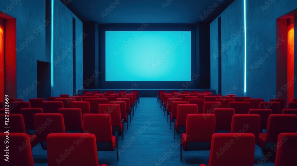 Obraz premium People in the cinema auditorium with Cinema blank wide screen and red chairs in the cinema hall,People silhouettes watching movie performance,empty white screen,space for text,copy space.
