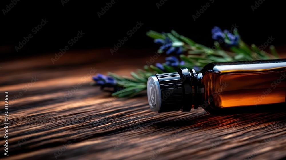 Lavender Essential Oil Bottle on Rustic Wooden Surface Lavender Essential Oil Bottle on Rustic Wooden Surface