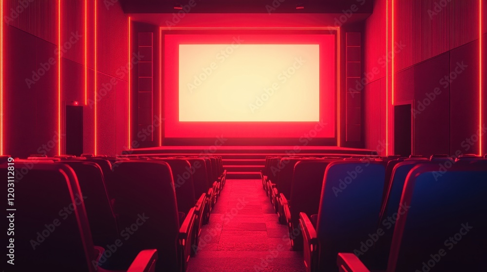 Obraz premium People in the cinema auditorium with Cinema blank wide screen and red chairs in the cinema hall,People silhouettes watching movie performance,empty white screen,space for text,copy space.