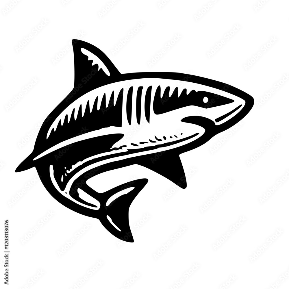 Obraz premium A Bold Artistic Representation of the Ocean’s Apex Predator Exploring the Unique Iconic Design of a Shark, Blending Strength, Elegance, and Symbolism in a Minimalist and Creative Graphic Style