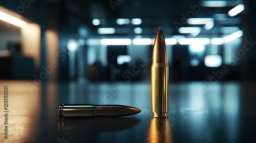 two bullets on a reflective surface. The background is blurred, depicting an office environment with glowing lights and out-of-focus figures. photo