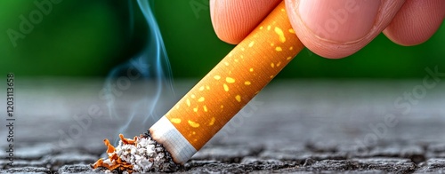 Hand Crushing a Cigarette on Wooden Surface photo