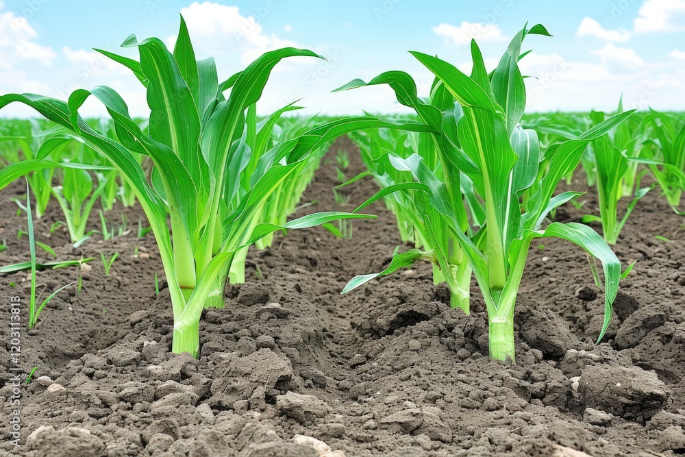Obraz premium Vibrant Young Corn Plants in a Lush Agricultural Field Under a Sunny Sky
