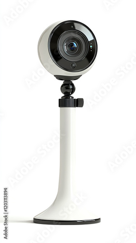 A modern security camera on a sleek stand, designed for home surveillance and monitoring.