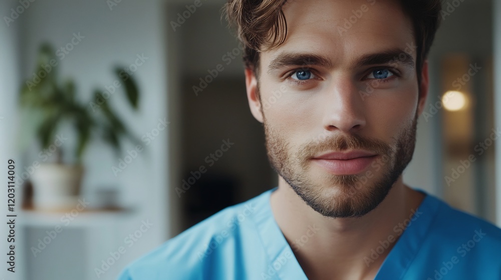 Fototapeta premium Confident young man calmly gazes directly at camera soft light enhances his features. AI Generated
