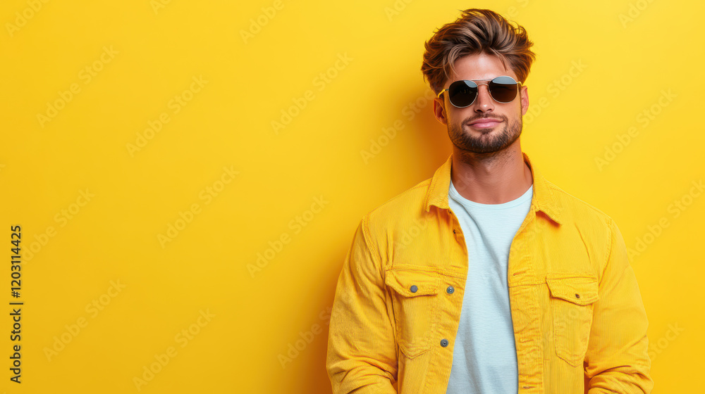 Obraz premium Stylish man in sunglasses wearing yellow jacket against bright background