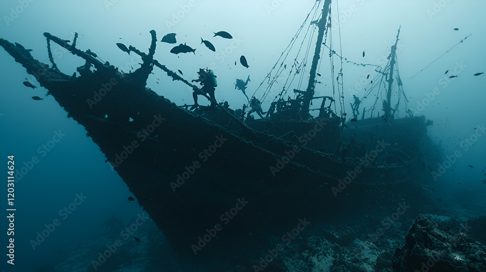 Divers exploring ancient shipwreck, ocean depths, marine life Divers exploring ancient shipwreck, ocean depths, marine life