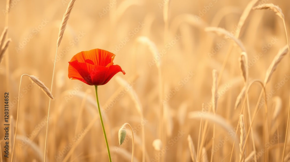 Red poppies bloom among wheat and grass in a summer field, a beautiful display of wild flora in the rural landscape Red poppies bloom among wheat and grass in a summer field, a beautiful display of wild flora in the rural landscape
