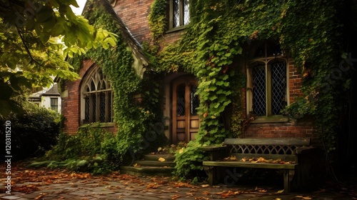 Cozy brick cottage surrounded by lush ivy covered walls nestled in a picturesque rural landscape exuding a sense of tranquility and heritage