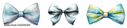 Watercolor bow illustrations, elegant design, soft colors, decorative elements, fashion accessories, artistic style.