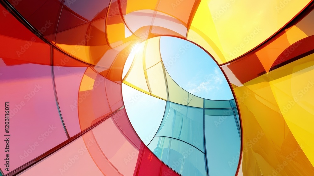 Fototapeta premium Abstract Colorful Glass Structure with Blue Sky and Bright Light