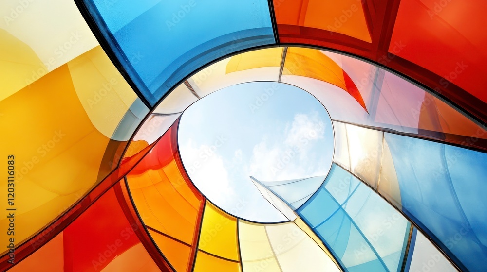 Fototapeta premium Colorful Abstract Glass Structure with Curved Lines and Sky