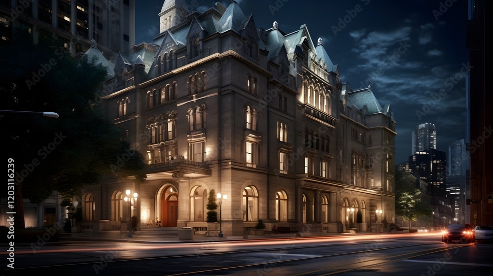 Naklejka premium Luxurious Highrise Hotel Situated in the Heart of a Bustling Downtown Cityscape Offering Upscale Accommodations Exquisite Amenities and a Premium Hospitality Experience