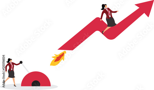Game changer strategy to improve or rising up stock market rebound or solution for economic recover from recession concept businesswoman push switch to change direction from falling down to rising up