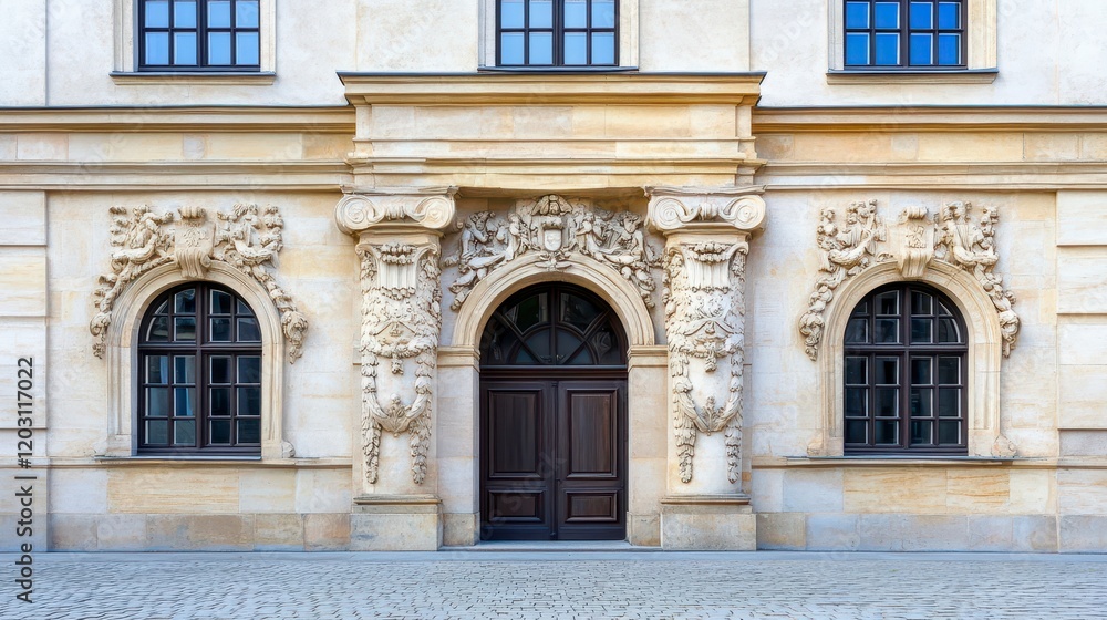 Ornate Entrance with Intricate Stone Carvings and Elegant Windows Ornate Entrance with Intricate Stone Carvings and Elegant Windows