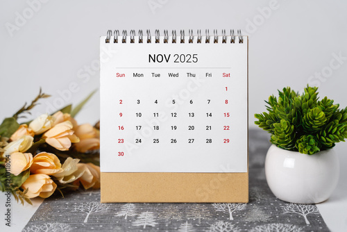 November 2025 Desk Calendar with Flowers and Potted Plant
