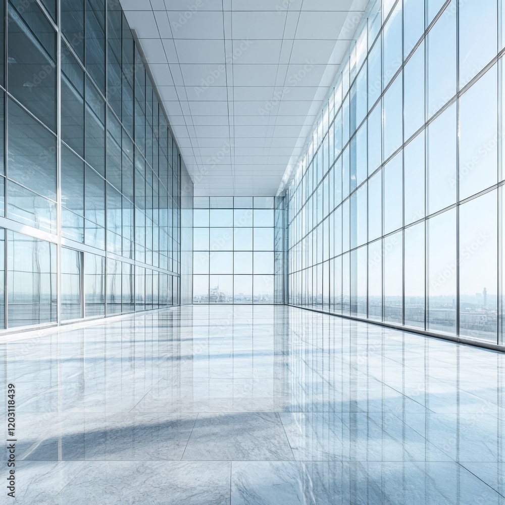 Modern Glass Building Interior: Spacious Hallway with Panoramic City View Modern Glass Building Interior: Spacious Hallway with Panoramic City View