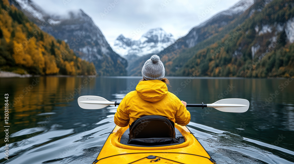 woman in yellow kayak paddles on serene lake surrounded by mountains woman in yellow kayak paddles on serene lake surrounded by mountains