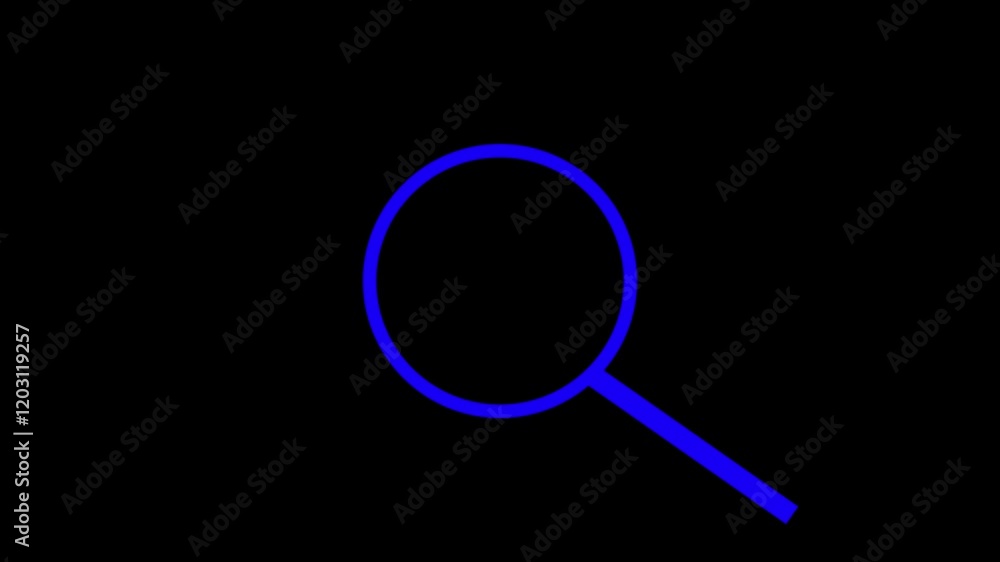 Outline neon search icon blue color on black background. Glowing neon magnifying Glass Icon animation. Outline neon search icon blue color on black background. Glowing neon magnifying Glass Icon animation.