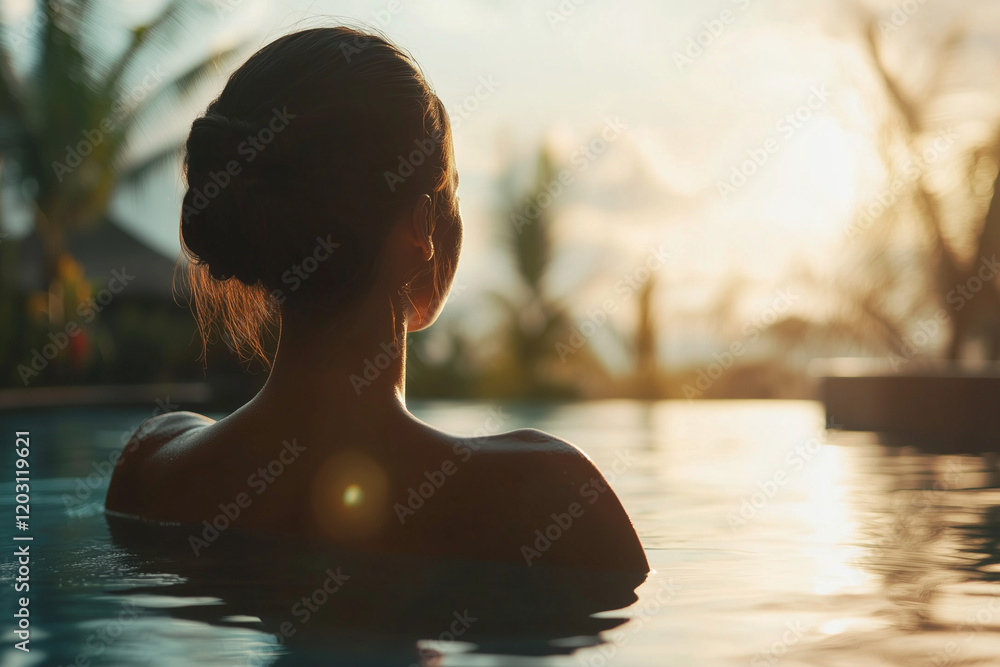 woman is in a pool, looking at the sun. Scene is peaceful and relaxing woman is in a pool, looking at the sun. Scene is peaceful and relaxing